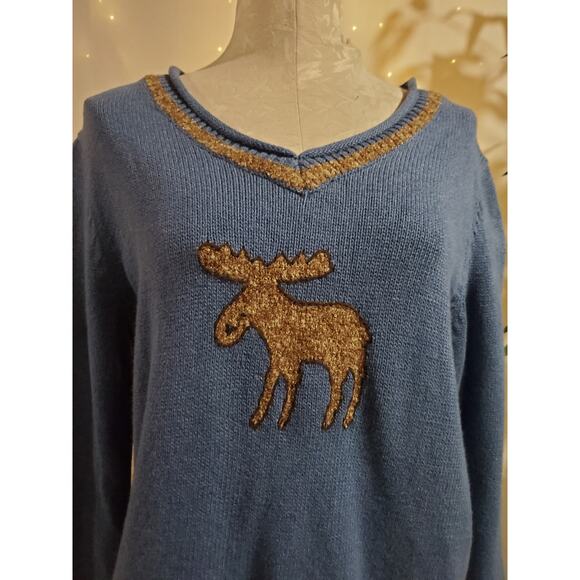 Vtg Christopher & Banks Hand Embroidered Moose Sweater Size XL Cabin Wool Blue - Picture 5 of 12